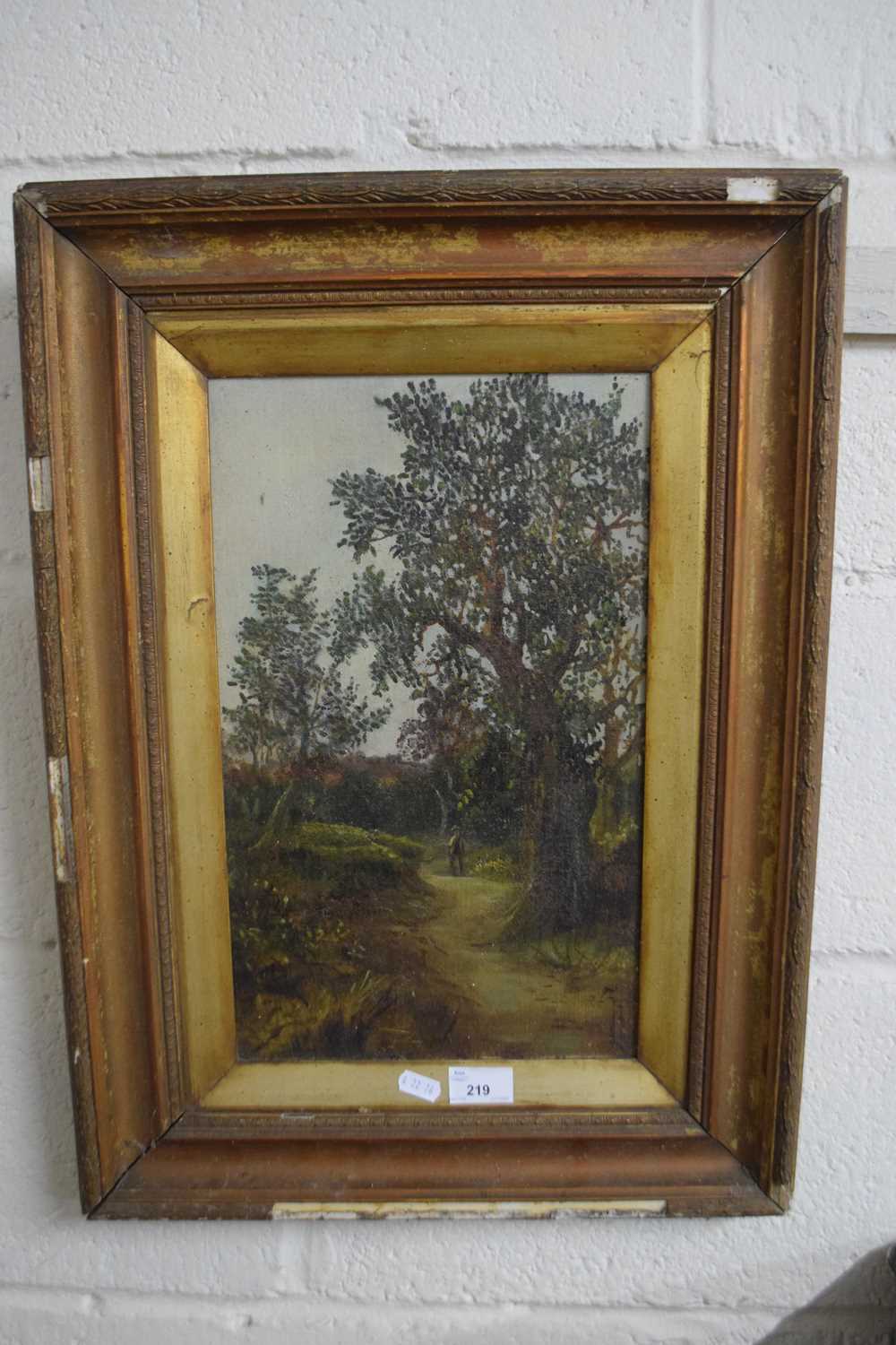 Late 19th Century school study of a figure on a country path, oil on canvas, gilt framed