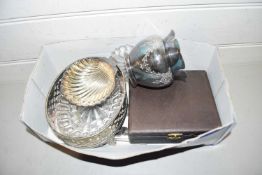 Box of various silver plated cutlery, small silver plated dishes etc