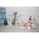 Mixed Lot: Various figurines, opaque glass vase, porcelain model flowers etc