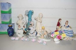 Mixed Lot: Various figurines, opaque glass vase, porcelain model flowers etc