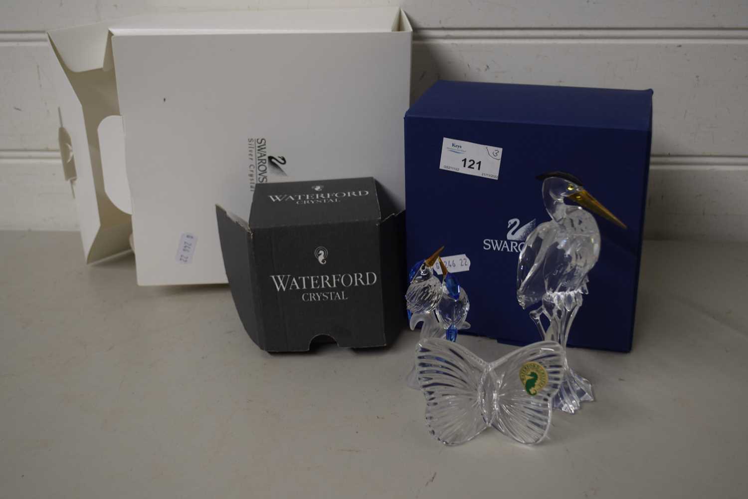 Swarovski Crystal models of a heron and kingfishers with original boxes together with a Waterford