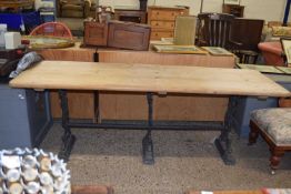 Victorian cast iron base and pine top kitchen table, 116cm long