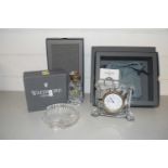 Waterford Crystal mantel clock, model of a golf bag and a shell formed dish