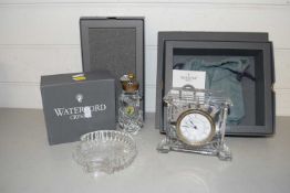 Waterford Crystal mantel clock, model of a golf bag and a shell formed dish