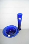 Mid Century blue glass bowl and similar vase