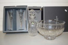 Waterford Crystal decanter, pair of tapering glasses and a circular bowl