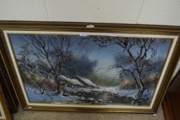 Contemporary continental school study of cottages in winter, oil on canvas, gilt framed - Albert