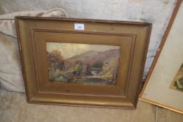 Hadfield Cubley, study of a river valley, oil on board, gilt framed
