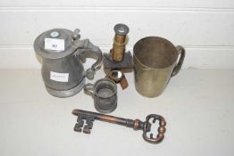 Mixed Lot: A small monocular microscope, pewter tankard, a large key etc