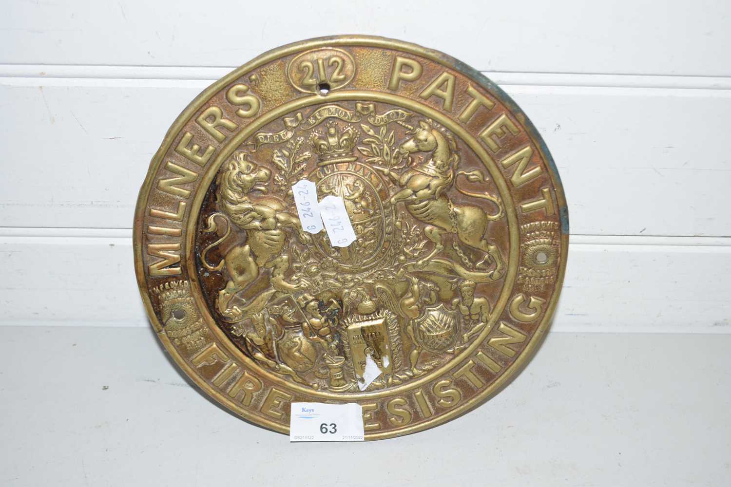 Milners patent brass fire resisting safe plaque