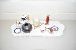 Dressing table tray, miniature tea set, various small vases and other items