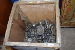 Tea chest containing vintage chrome finish mixer taps etc
