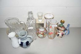 Mixed Lot: Ceramics and glass wares to include a pair of decanters, various assorted small vases,