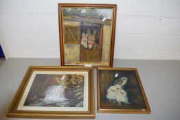 Mixed Lot: Oil on board study of donkeys further study of barn owls and another framed acrylic