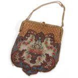 Ladies gilt metal framed vintage evening bag, the multi coloured beadwork bag depicting a urn with
