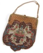 Ladies gilt metal framed vintage evening bag, the multi coloured beadwork bag depicting a urn with