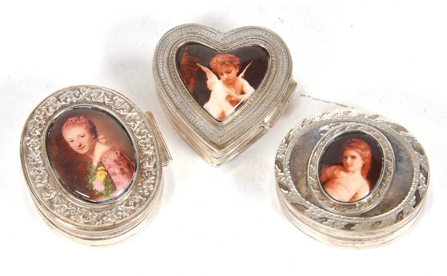 Group of three modern white metal boxes two of oval form and one heart shaped example, each with a - Image 2 of 4