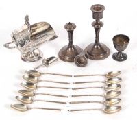 Mixed Lot: Pair of silver candlesticks, loaded (a/f), hallmarked London 1916, a hallmarked silver