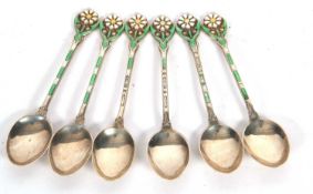 Cased set of six Edward VIII silver and enamelled coffee spoons, the finials each with a white daisy