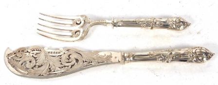 Pair of large Victorian silver plated fish servers, pierced and engraved with foliate scrolls