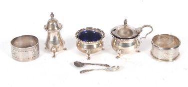 Mixed Lot: A three piece condiment set comprising a hinged mustard and liner, pepper and open salt