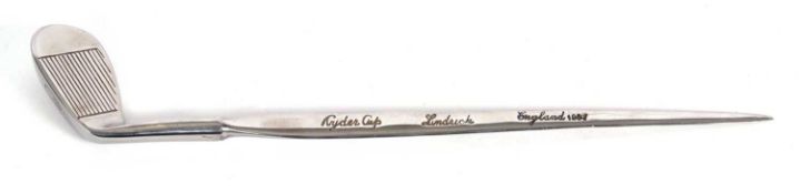 Chromium plated miniature letter opener in the form of a golf club inscribed 'Ryder Cup -