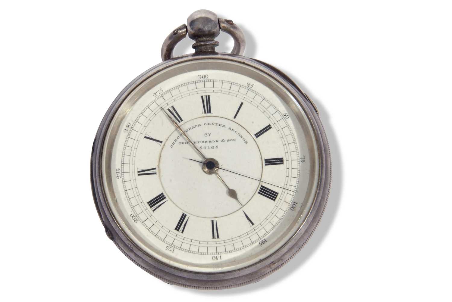 Large silver open face pocket watch with white enamel dial and black Roman numeral hour markers, key