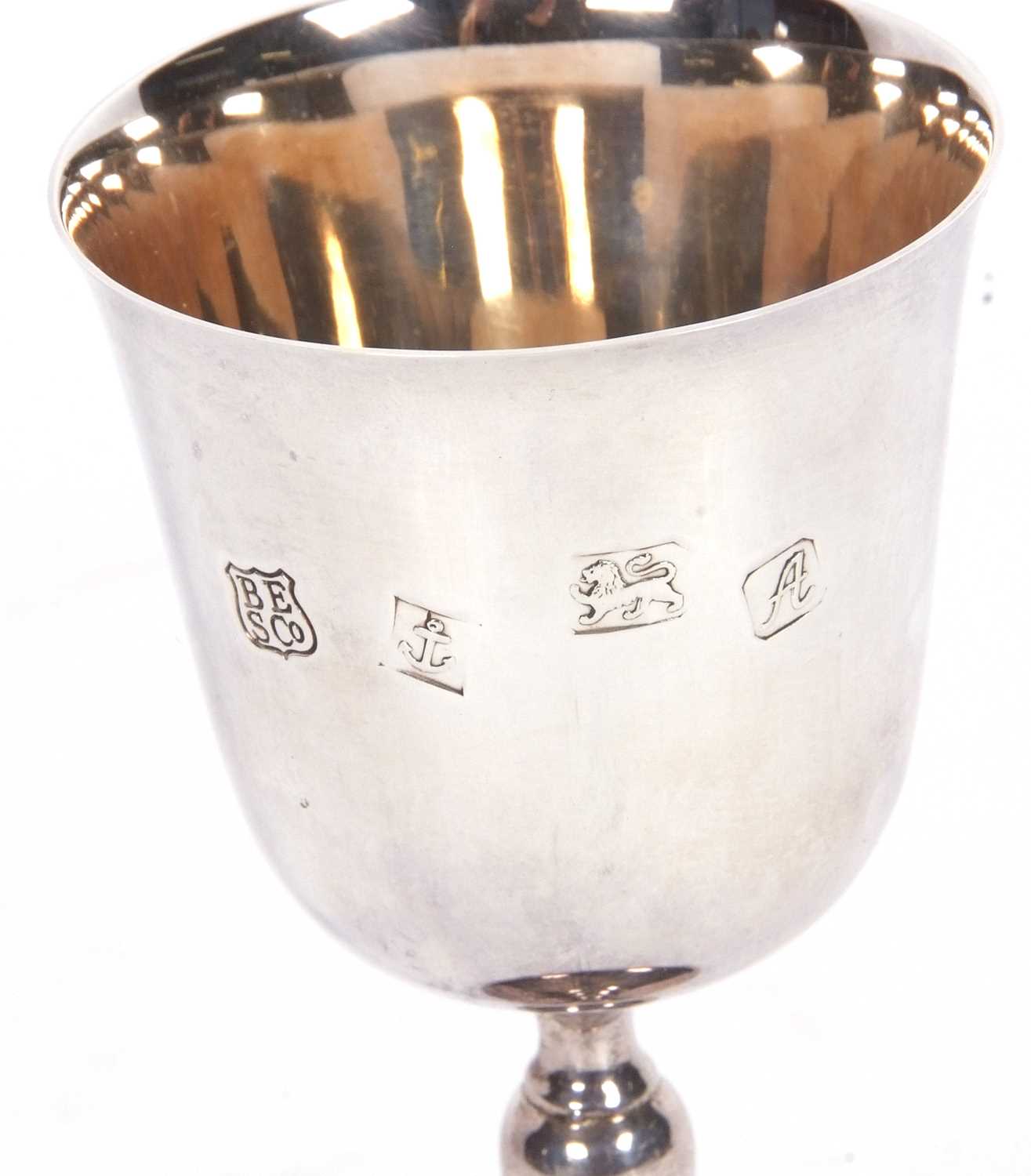 Elizabeth II wine goblet with inverted bell bowl, baluster stem and plain spreading circular foot, - Image 3 of 4