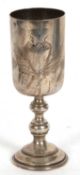 19th Century Polish white metal goblet with stylised shield and foliate engraving, double knopped