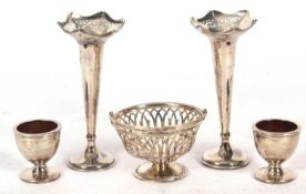 Mixed Lot: Pair of silver hallmarked silver specimen vases of pierced tapering form (loaded),