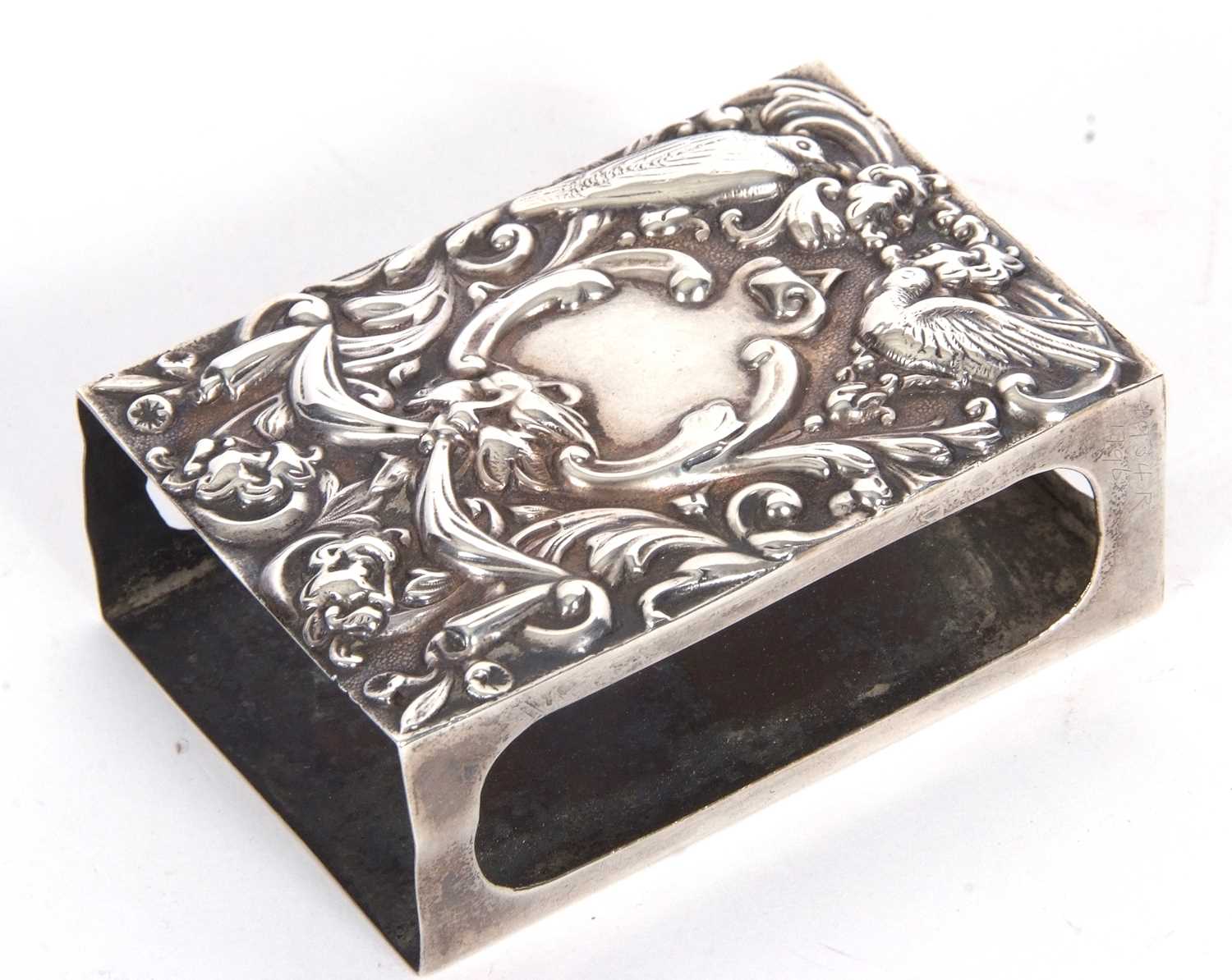 Late Victorian matchbox holder of rectangular form, the lid heavily embossed with satyr mask, swags, - Image 2 of 3