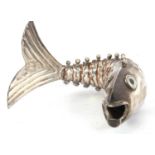 Foreign silver plated model of a fish with articulated sectionalised body, 18cm long
