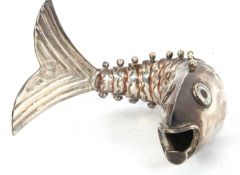 Foreign silver plated model of a fish with articulated sectionalised body, 18cm long