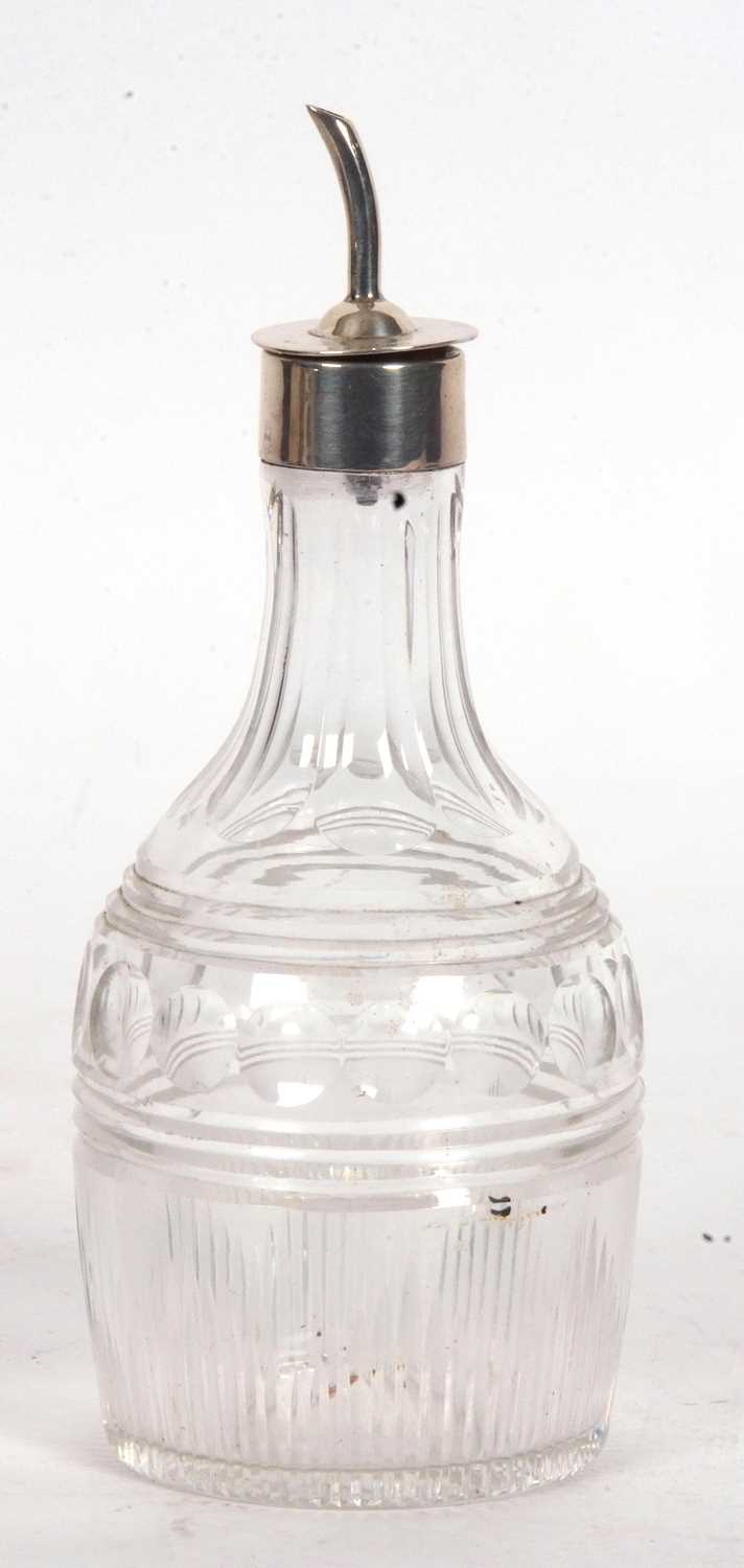 George V cut glass bitters bottle with hallmarked silver collar and pourer, 20cm tall, Birmingham - Image 2 of 3
