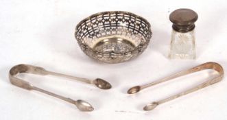 Mixed Lot: A pair of William IV silver fiddle pattern sugar tongs, London 1832, a pair of Georgian