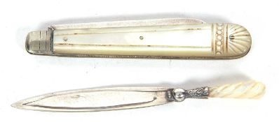 Mixed Lot: Late Victorian trowel page marker with a carved mother of pearl handle, hallmarked