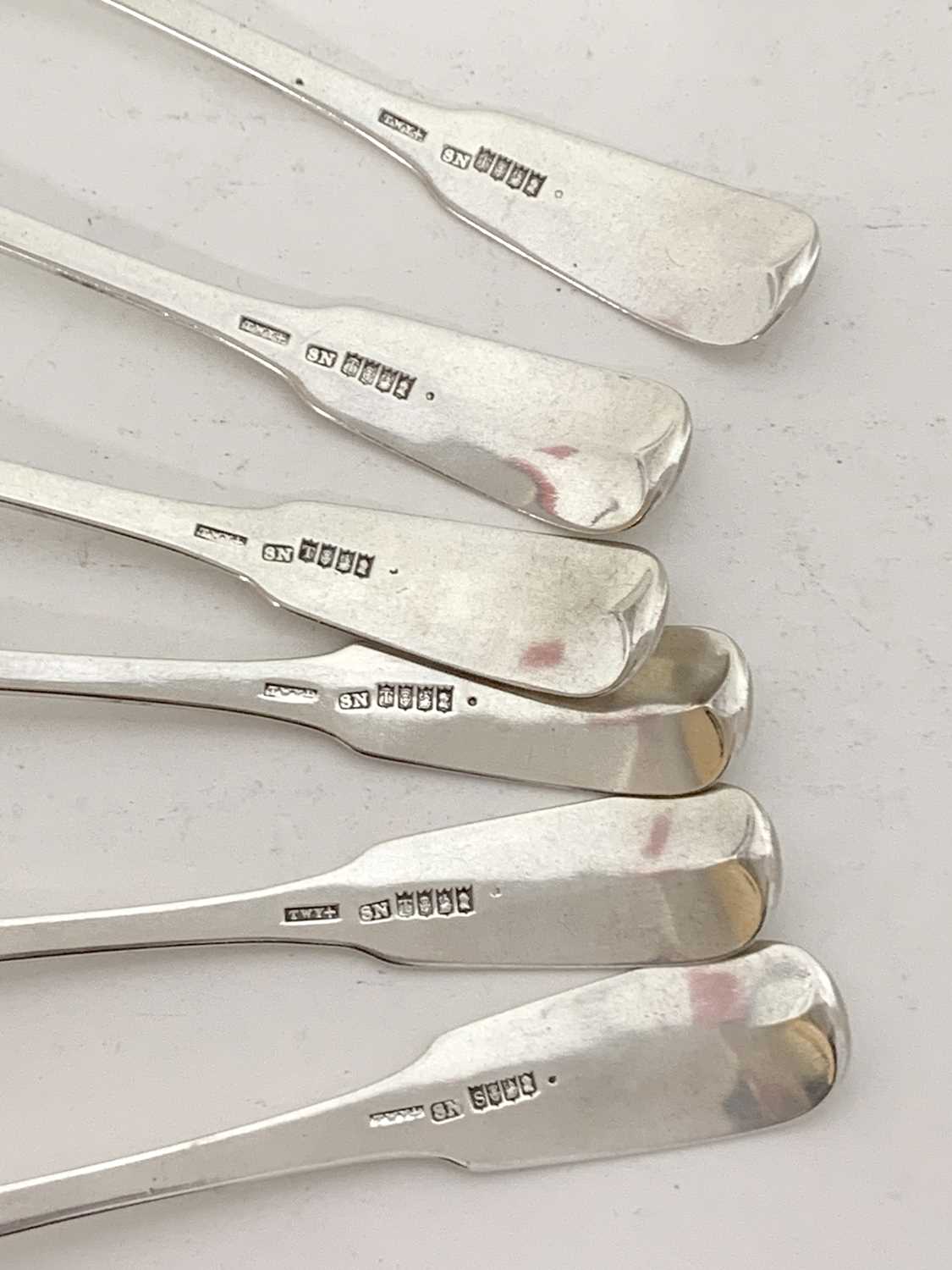 Six Irish silver Fiddle pattern and rat-tail table spoons, 5 hallmarked for Dublin 1815, one 1814, - Image 2 of 3