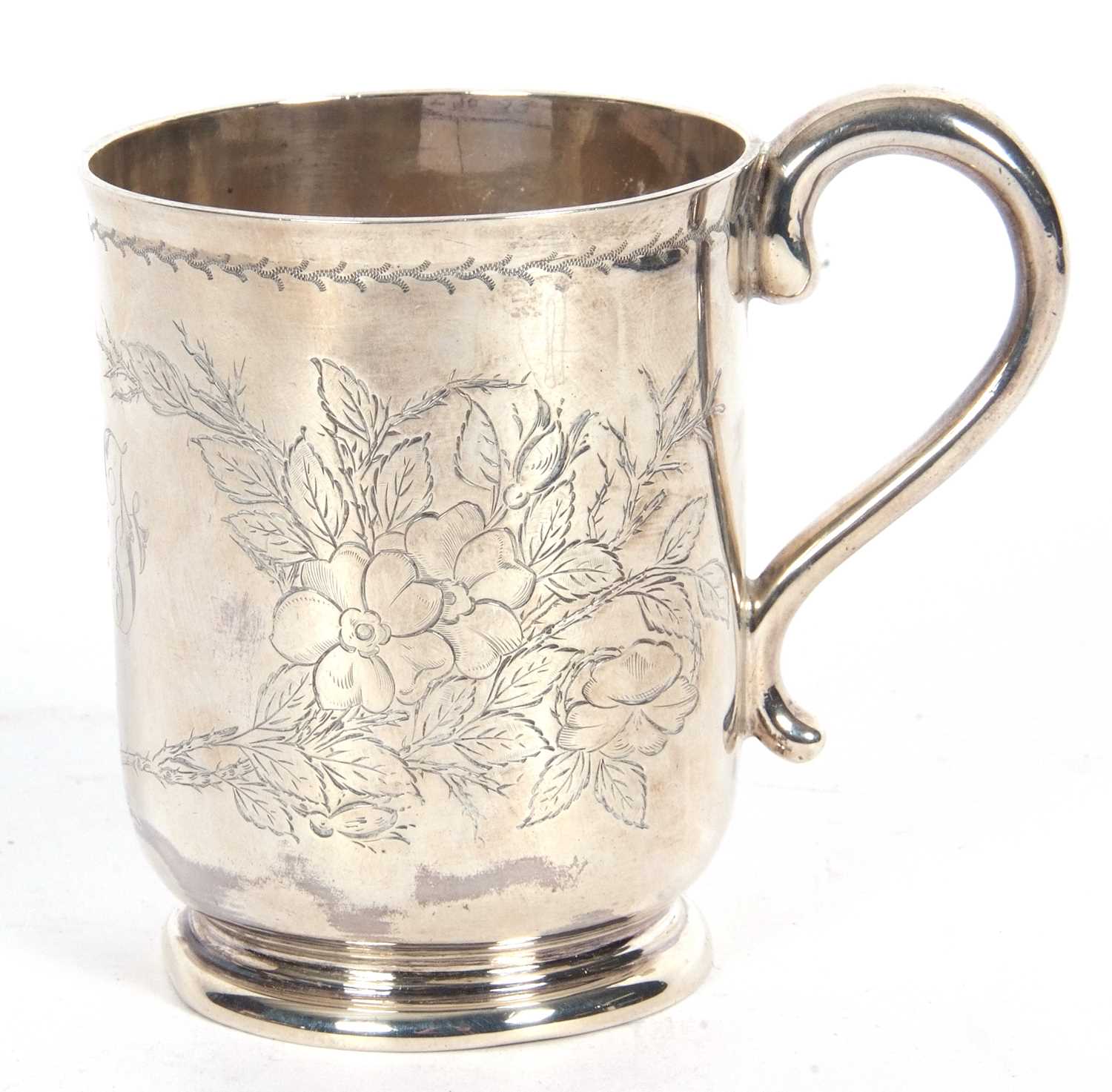 Victorian half pint tankard of slightly tapering cylindrical form with circular foot (dented),