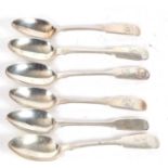 Six various Newcastle fiddle pattern teaspoons, three Victorian and three Georgian examples, various