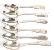Six various Newcastle fiddle pattern teaspoons, three Victorian and three Georgian examples, various