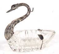 Vintage glass and white metal swan dish/ashtray, the body of the swan is in cut glass, the head