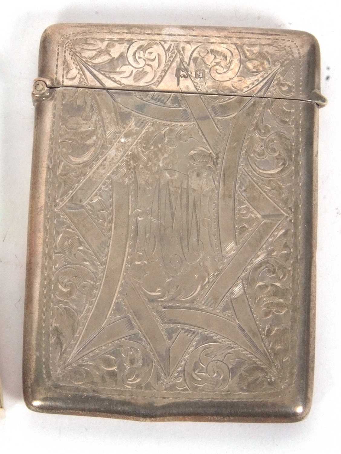 Mixed Lot: George V silver card case chased and engraved with a geometric and foliate design - Image 4 of 6