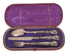 Victorian silver cased Christening set comprising knife, spoon and fork, hallmarked Birmingham 1870,