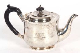 Edward VII teapot of circular baluster form having ebonised handle and finial, presentation
