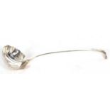 Early George III soup ladle in Onslow pattern with shell bowl (repaired), 36cm long, well marked for
