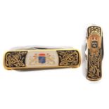 Two Swedish gilt metal an enamel case folding multi bladed pen knives, 7cm and 5.5cm (2)