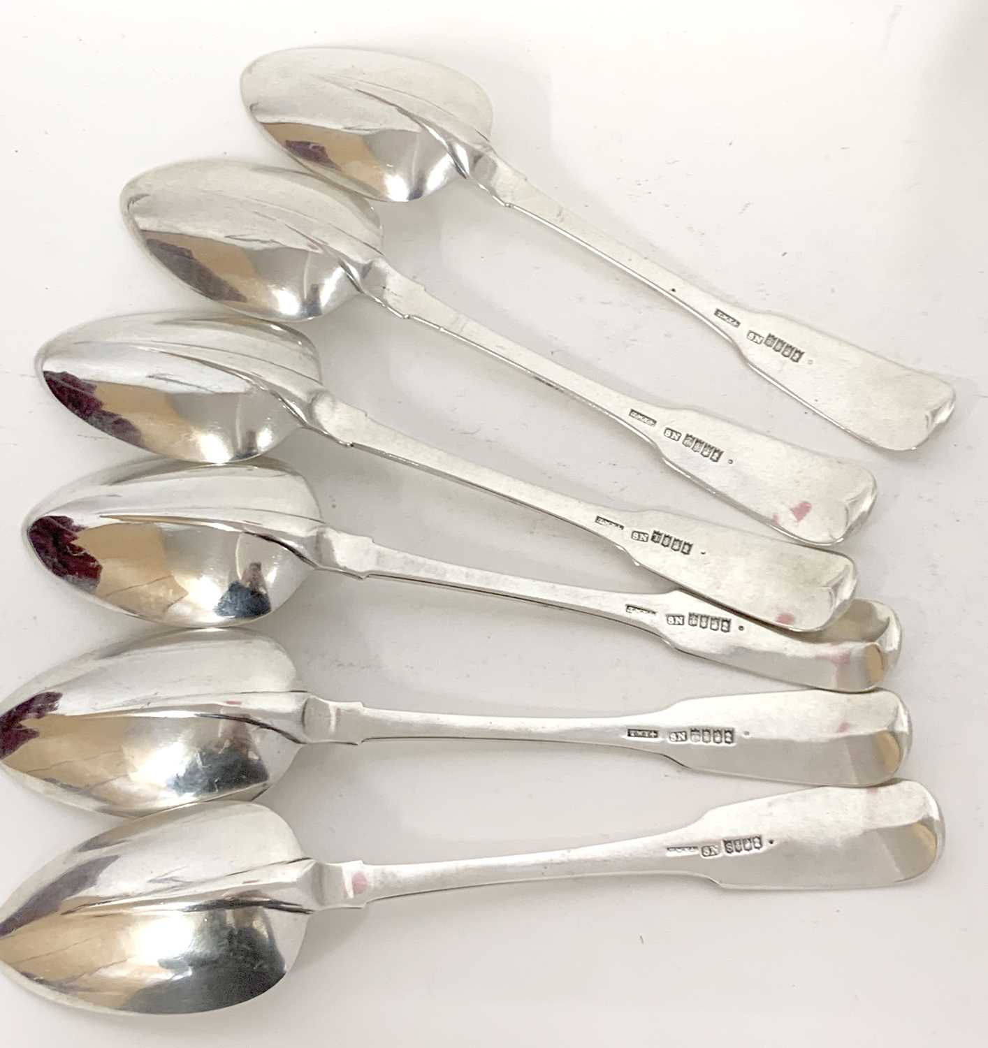 Six Irish silver Fiddle pattern and rat-tail table spoons, 5 hallmarked for Dublin 1815, one 1814, - Image 3 of 3