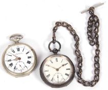 A lot of two pocket watches, one white metal made by Roskopf, the other is a silver pocket watch