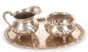 Continental white metal tray, jug and sugar bowl with a wrythen design, stamped 830, g/w 390 gms