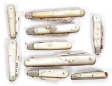 Seven various silver bladed mother of pearl handle fruit knives, a steel bladed example together